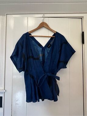 Rachel Comey Navy Blue Wrap Blouse with Waist Tie